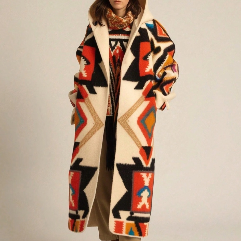 🆕 Multicolor Aztec Hooded Long Coat